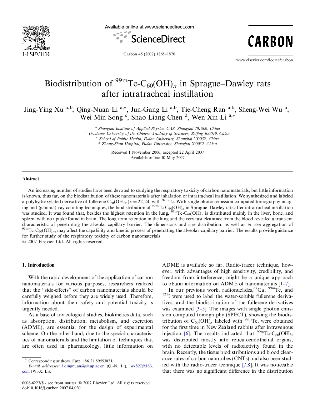 Biodistribution of 99mTc-C60(OH)x in Sprague–Dawley rats after intratracheal instillation