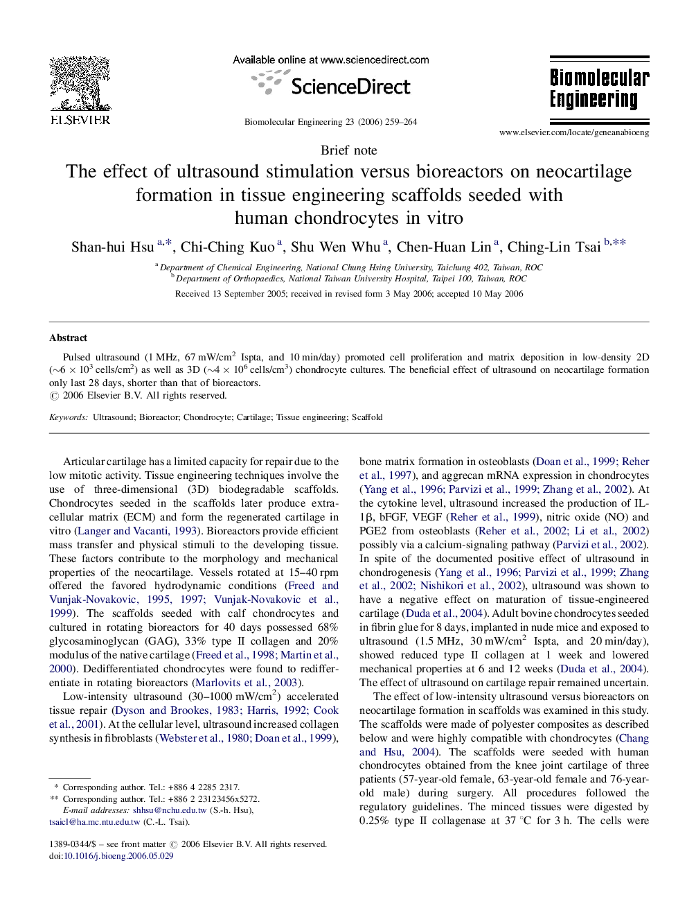 The effect of ultrasound stimulation versus bioreactors on neocartilage formation in tissue engineering scaffolds seeded with human chondrocytes in vitro