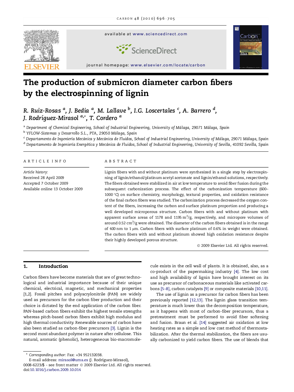 عکس صفحه اول مقاله: The production of submicron diameter carbon fibers by the electrospinning of lignin The production of submicron diameter carbon fibers by the electrospinning of lignin