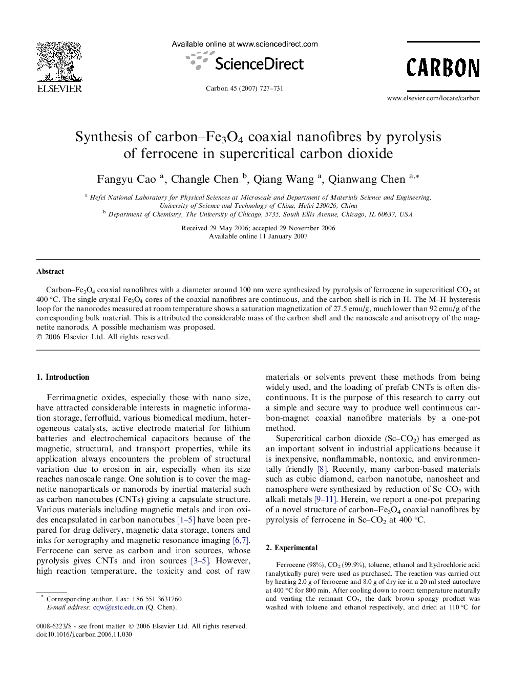 Synthesis of carbon–Fe3O4 coaxial nanofibres by pyrolysis of ferrocene in supercritical carbon dioxide