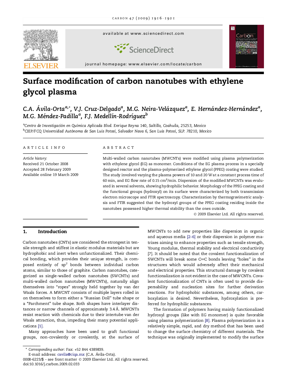 عکس صفحه اول مقاله: Surface modification of carbon nanotubes with ethylene glycol plasma Surface modification of carbon nanotubes with ethylene glycol plasma