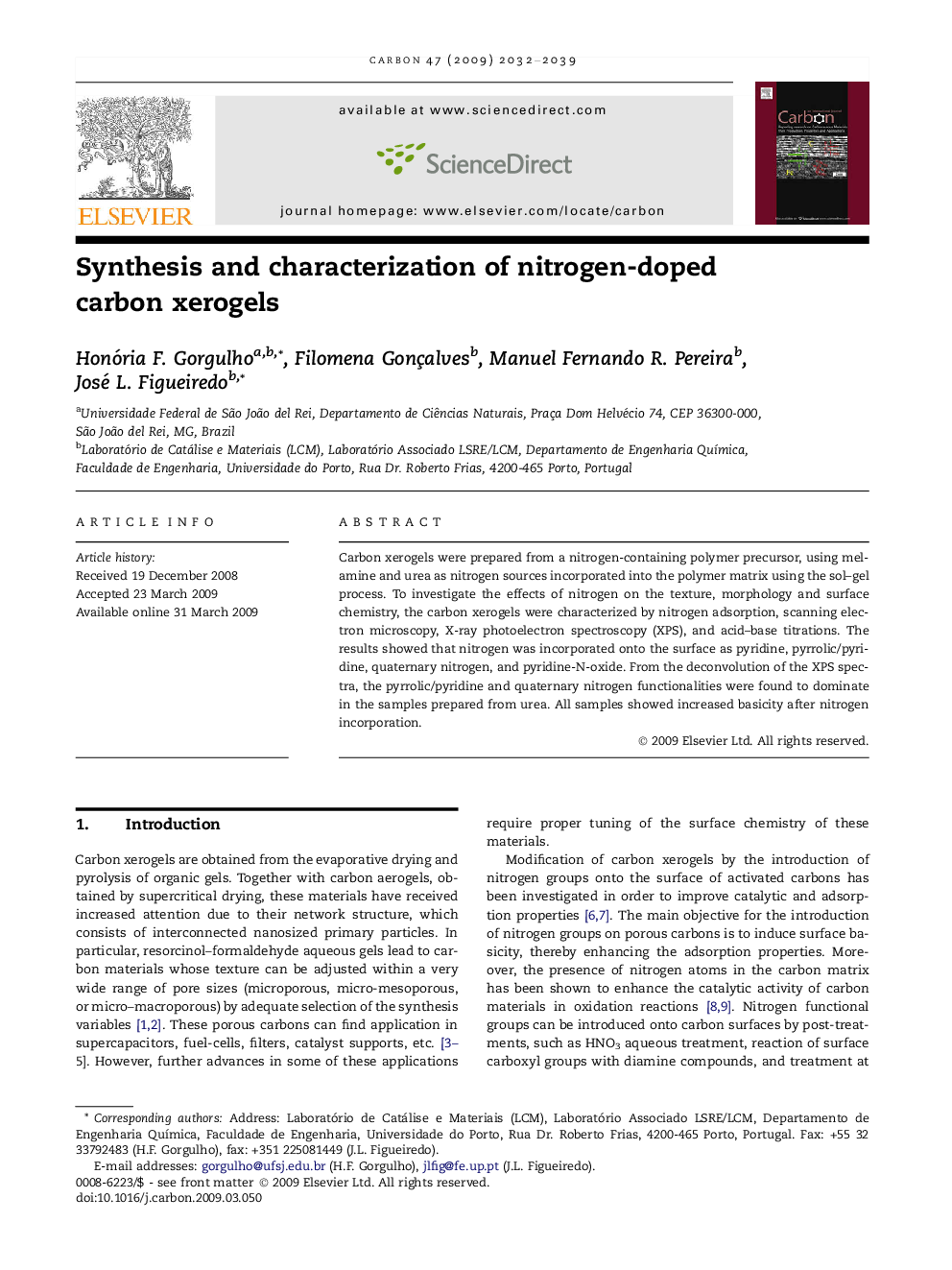 عکس صفحه اول مقاله: Synthesis and characterization of nitrogen-doped carbon xerogels Synthesis and characterization of nitrogen-doped carbon xerogels