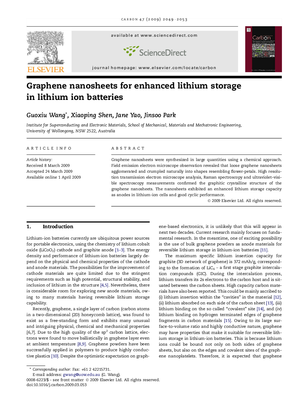 عکس صفحه اول مقاله: Graphene nanosheets for enhanced lithium storage in lithium ion batteries Graphene nanosheets for enhanced lithium storage in lithium ion batteries