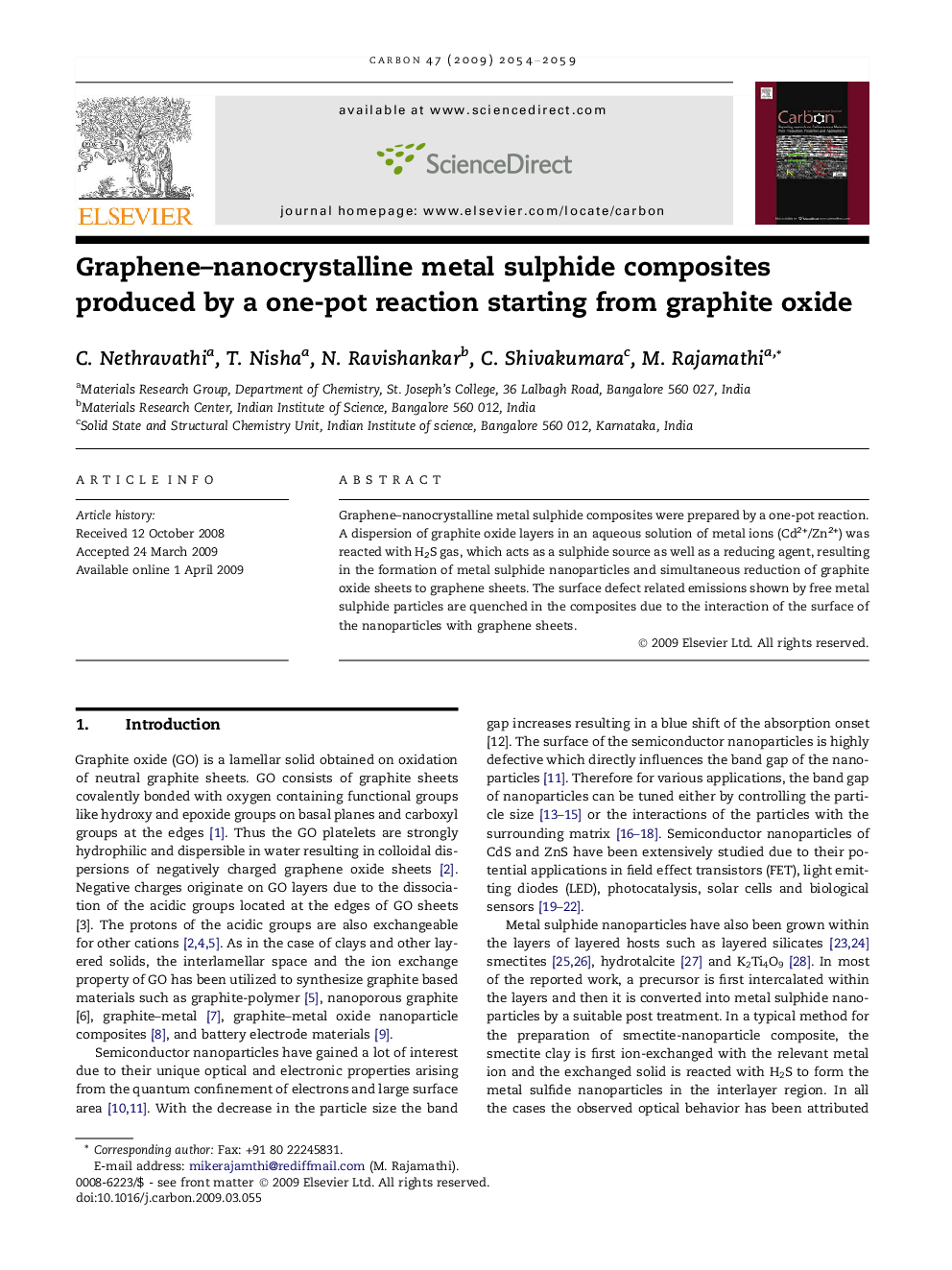 عکس صفحه اول مقاله: Graphene–nanocrystalline metal sulphide composites produced by a one-pot reaction starting from graphite oxide Graphene–nanocrystalline metal sulphide composites produced by a one-pot reaction starting from graphite oxide