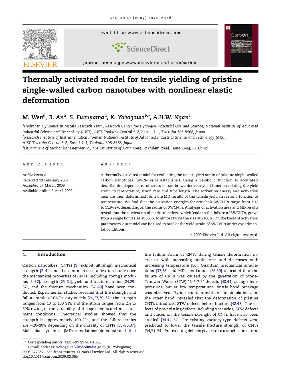عکس صفحه اول مقاله: Thermally activated model for tensile yielding of pristine single-walled carbon nanotubes with nonlinear elastic deformation Thermally activated model for tensile yielding of pristine single-walled carbon nanotubes with nonlinear elastic deformation