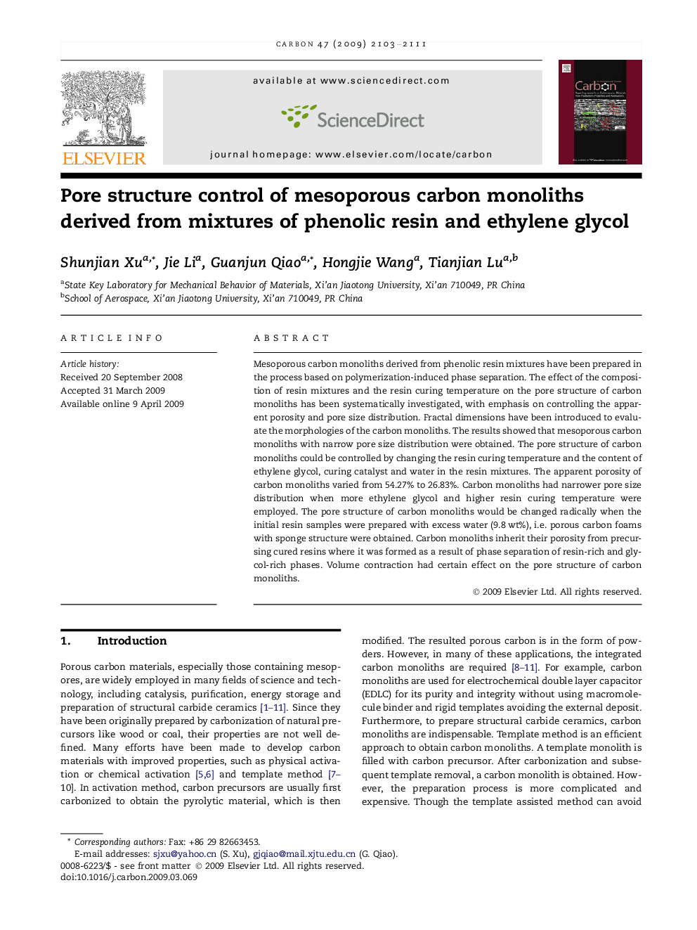 عکس صفحه اول مقاله: Pore structure control of mesoporous carbon monoliths derived from mixtures of phenolic resin and ethylene glycol Pore structure control of mesoporous carbon monoliths derived from mixtures of phenolic resin and ethylene glycol