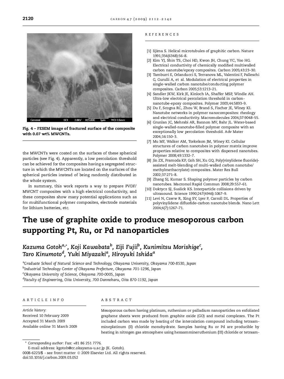 The use of graphite oxide to produce mesoporous carbon supporting Pt, Ru, or Pd nanoparticles