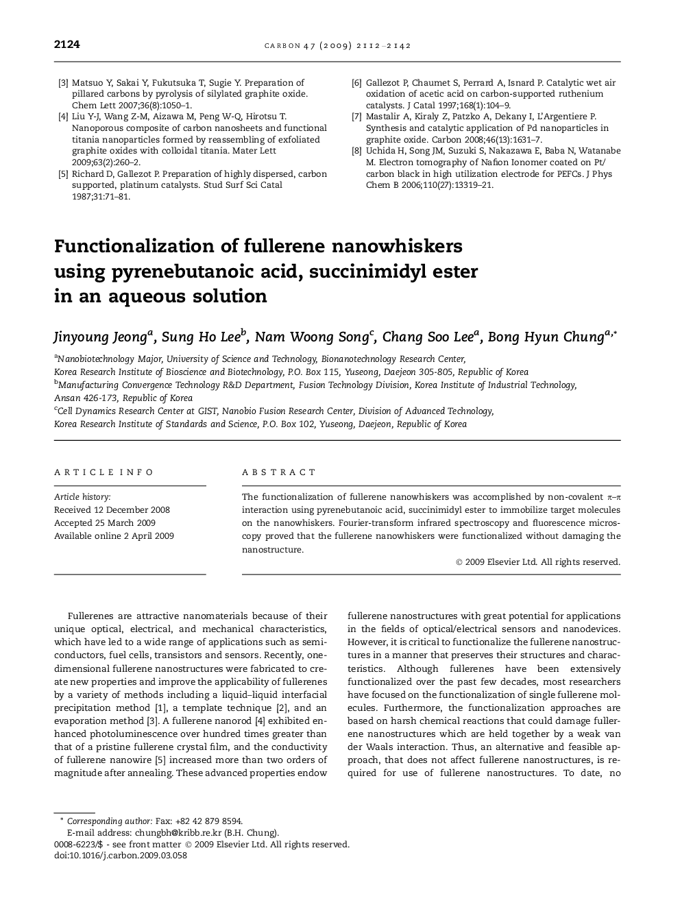 عکس صفحه اول مقاله: Functionalization of fullerene nanowhiskers using pyrenebutanoic acid, succinimidyl ester in an aqueous solution Functionalization of fullerene nanowhiskers using pyrenebutanoic acid, succinimidyl ester in an aqueous solution