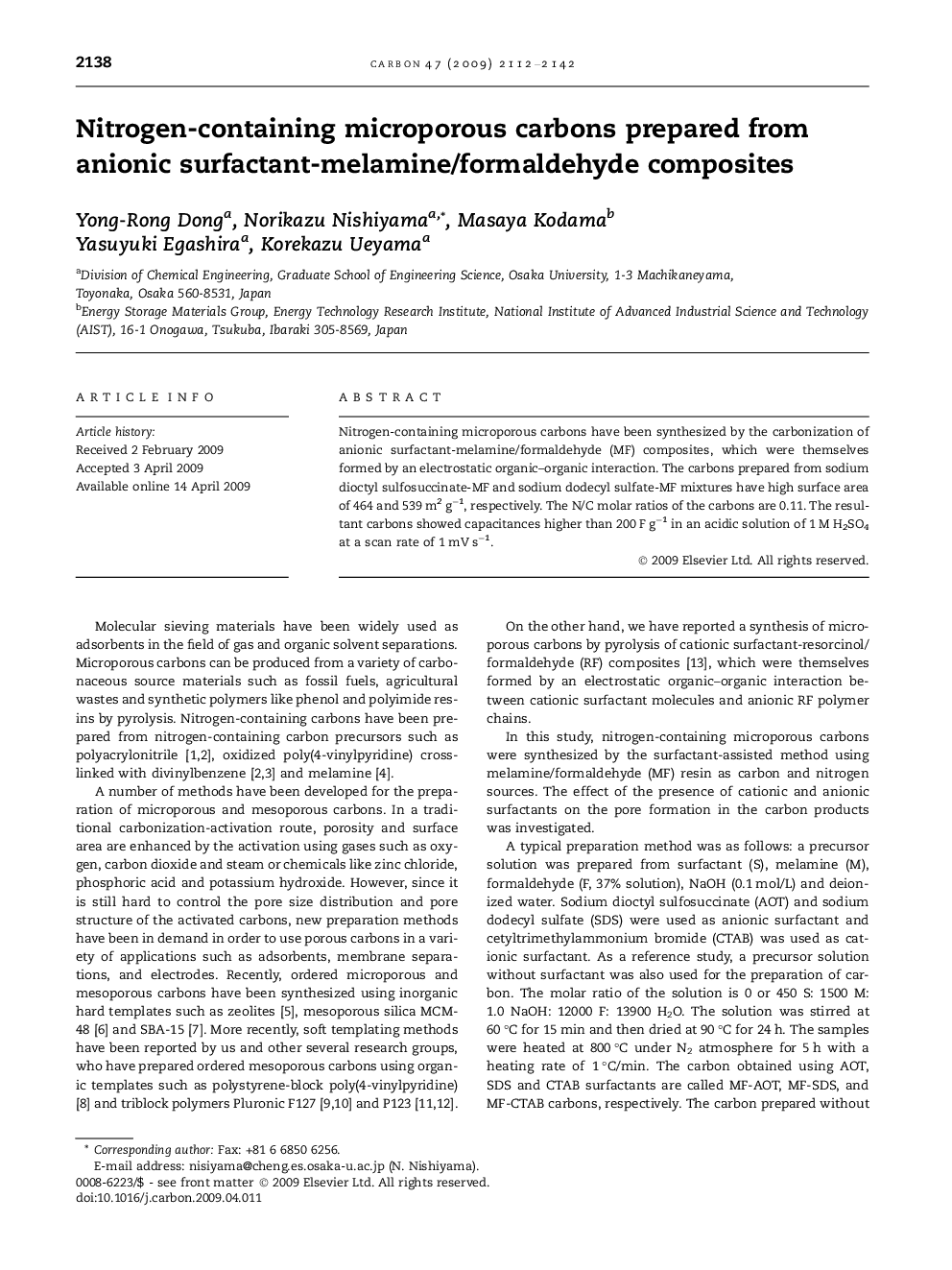 عکس صفحه اول مقاله: Nitrogen-containing microporous carbons prepared from anionic surfactant-melamine/formaldehyde composites Nitrogen-containing microporous carbons prepared from anionic surfactant-melamine/formaldehyde composites