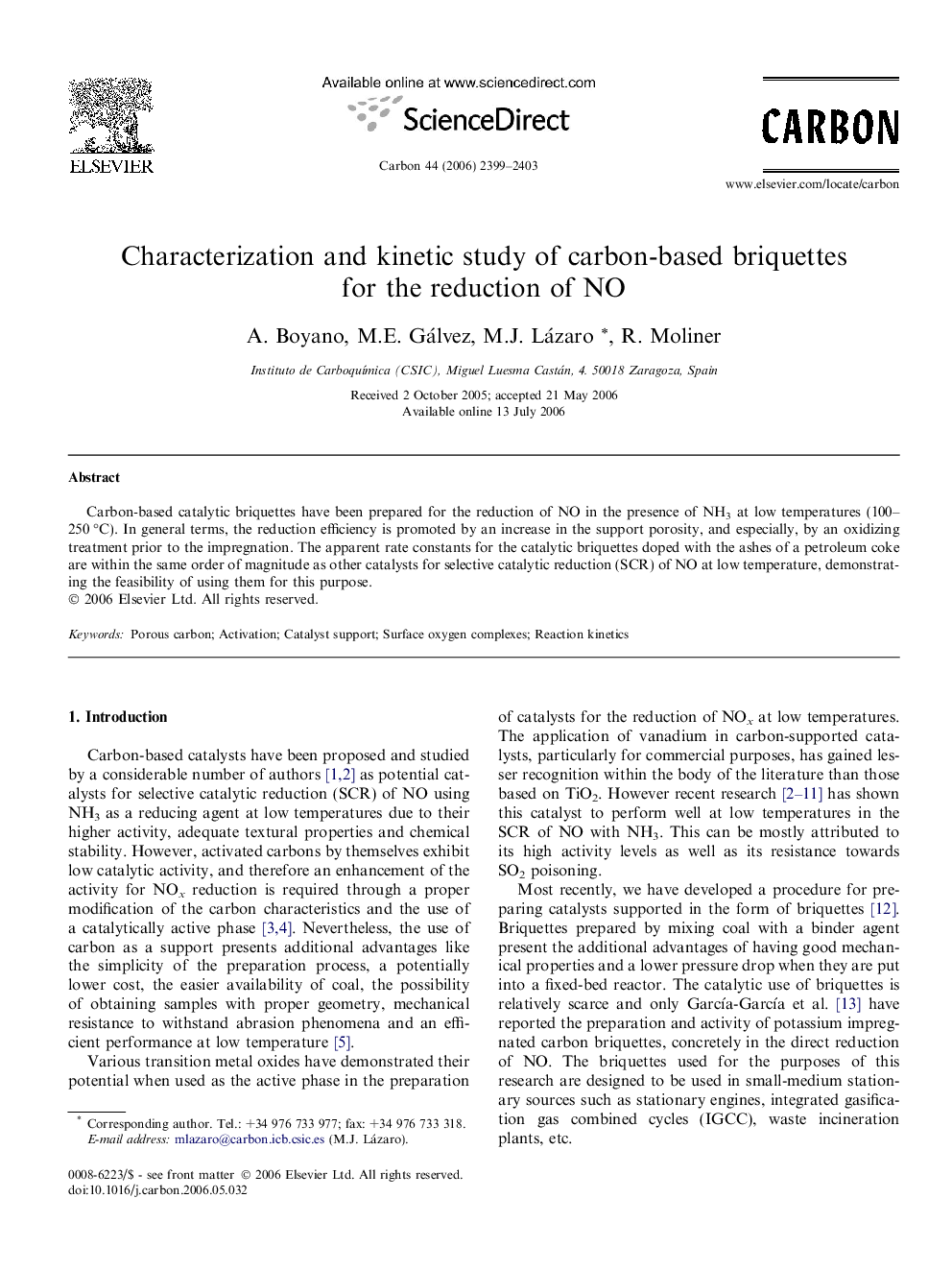 Characterization and kinetic study of carbon-based briquettes for the reduction of NO