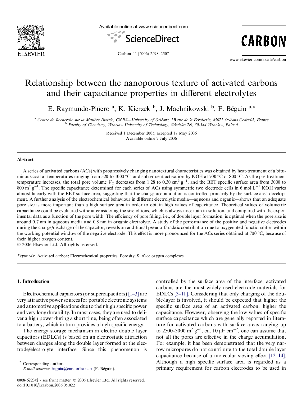 Relationship between the nanoporous texture of activated carbons and their capacitance properties in different electrolytes