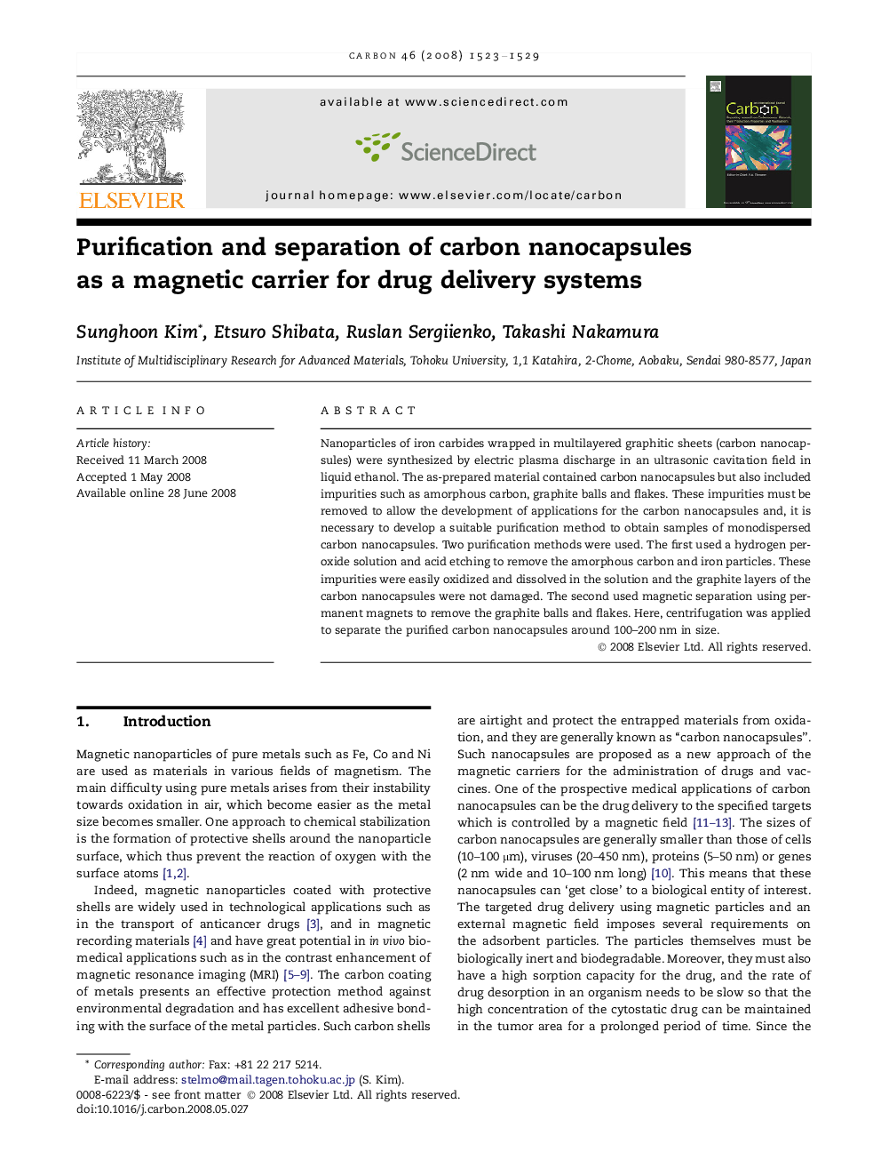 Purification and separation of carbon nanocapsules as a magnetic carrier for drug delivery systems