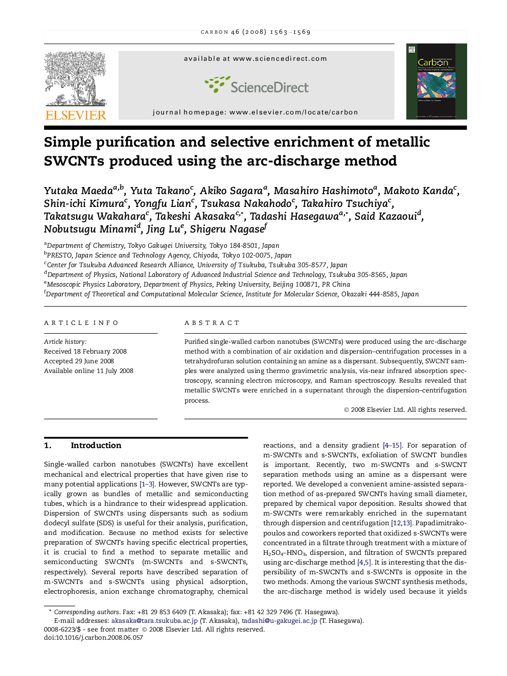 Simple purification and selective enrichment of metallic SWCNTs produced using the arc-discharge method