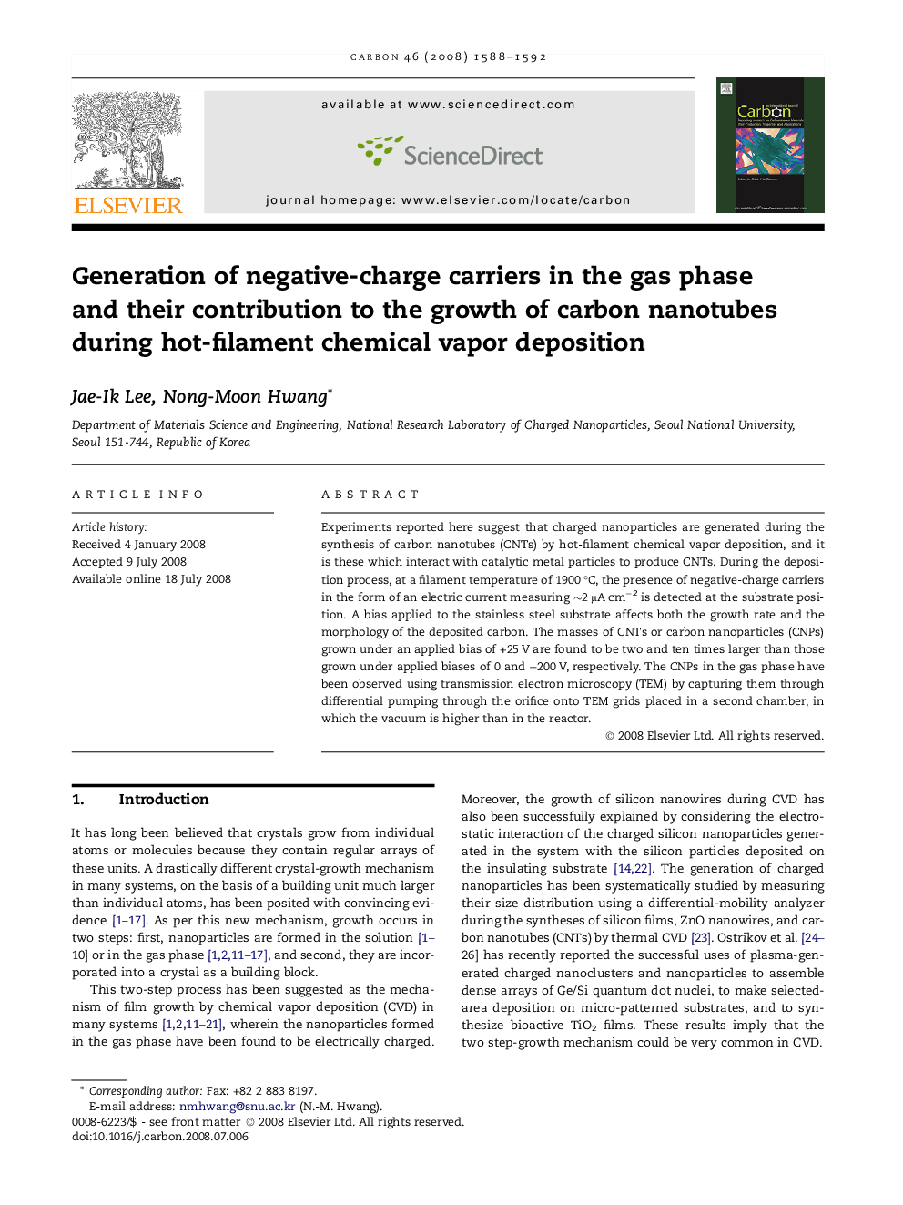 Generation of negative-charge carriers in the gas phase and their contribution to the growth of carbon nanotubes during hot-filament chemical vapor deposition