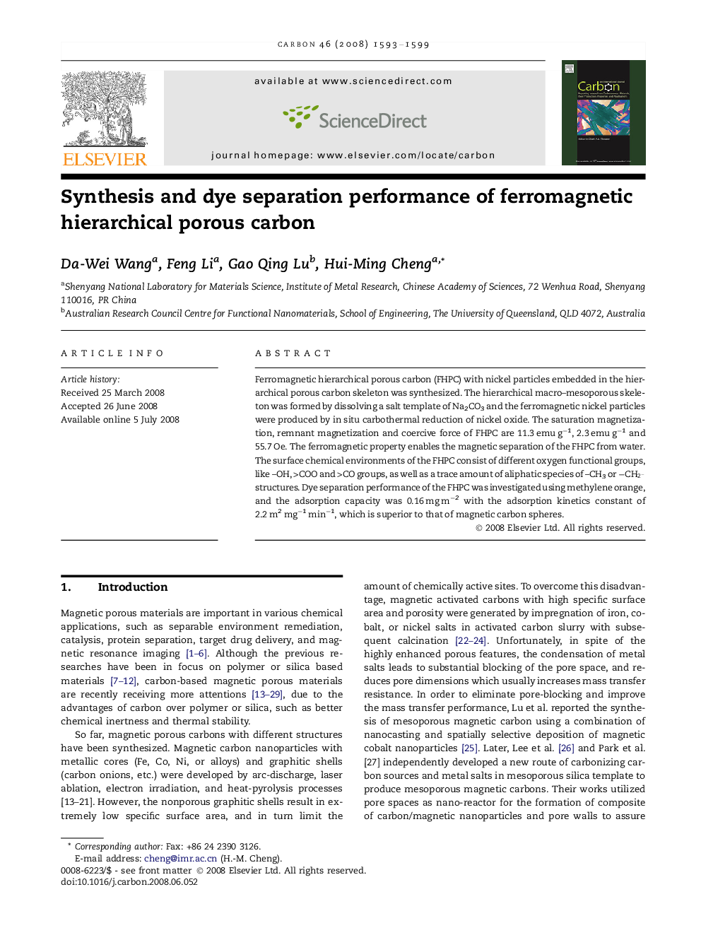 Synthesis and dye separation performance of ferromagnetic hierarchical porous carbon