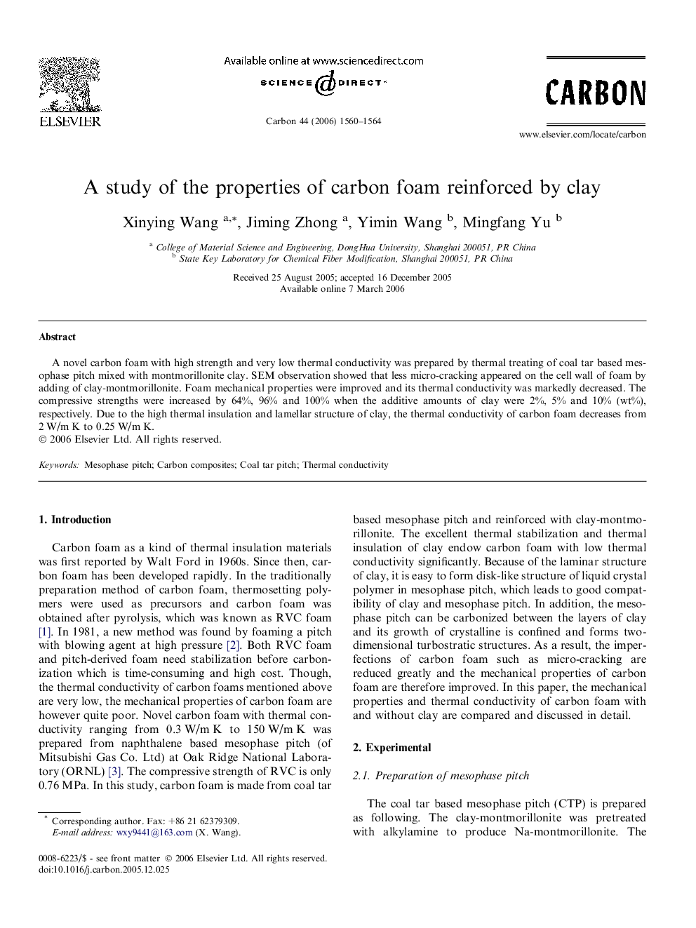 A study of the properties of carbon foam reinforced by clay