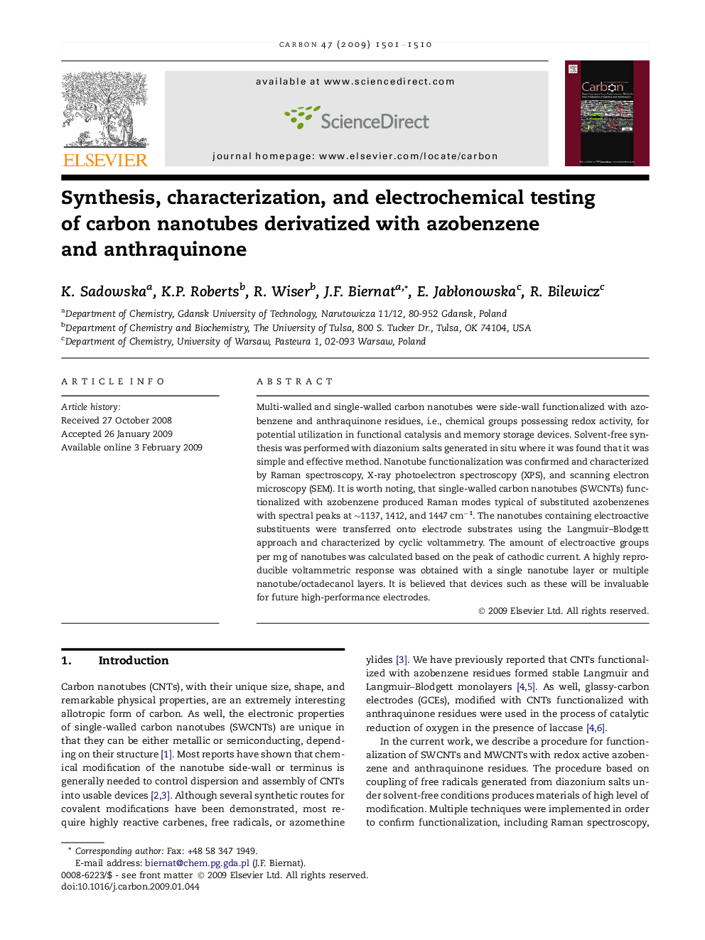 Synthesis, characterization, and electrochemical testing of carbon nanotubes derivatized with azobenzene and anthraquinone
