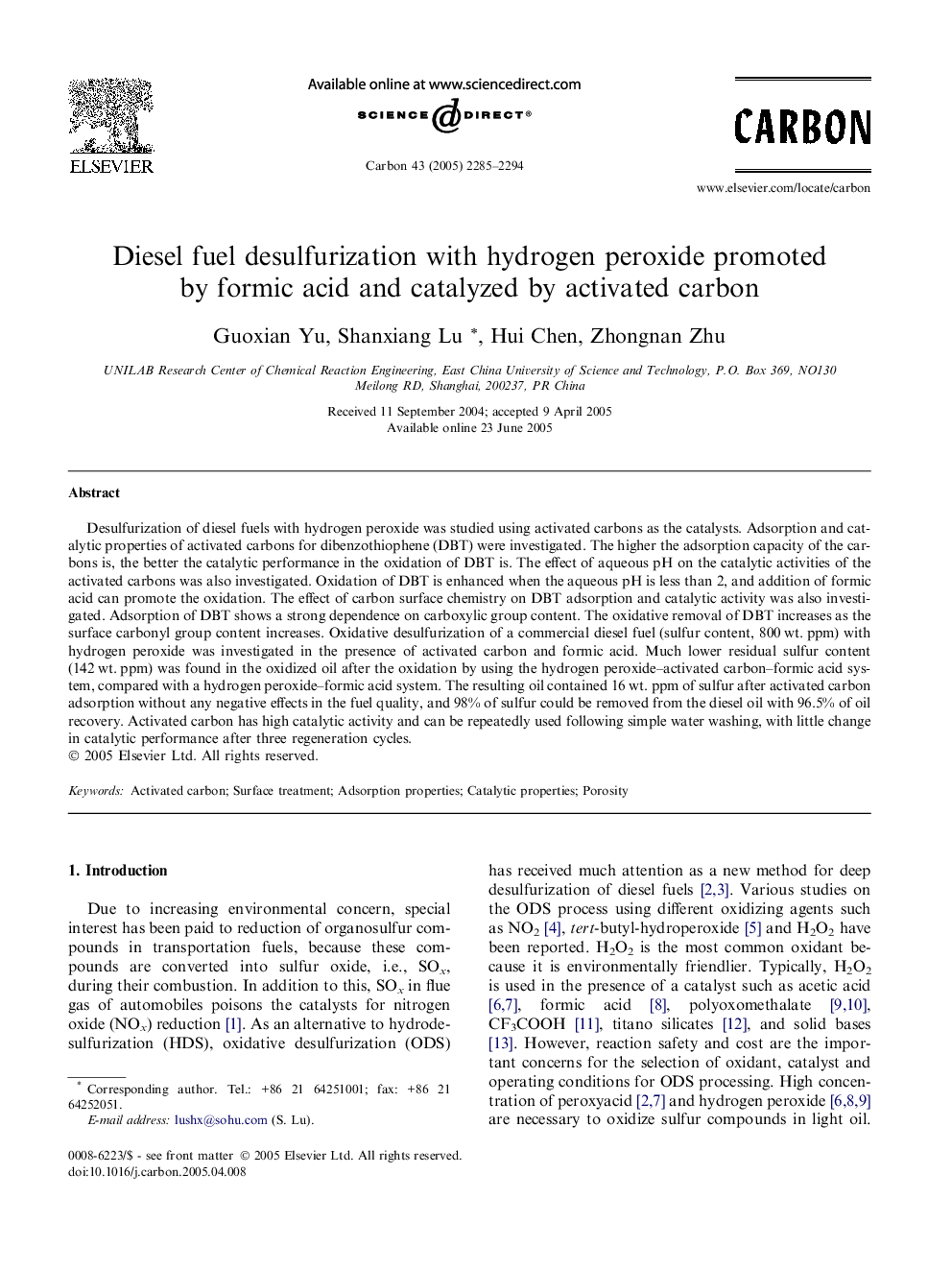 Diesel fuel desulfurization with hydrogen peroxide promoted by formic acid and catalyzed by activated carbon