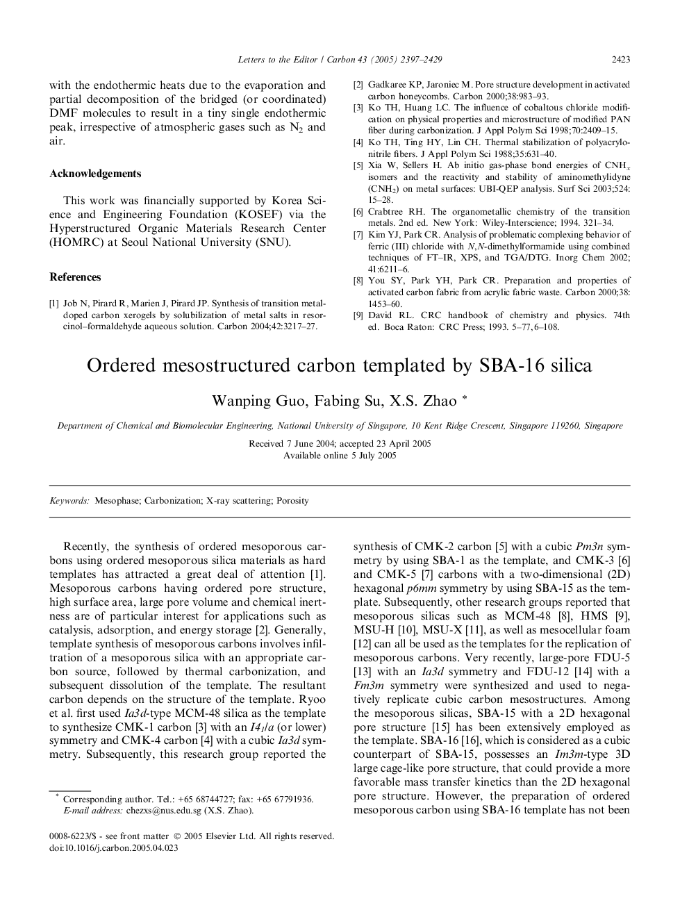 Ordered mesostructured carbon templated by SBA-16 silica