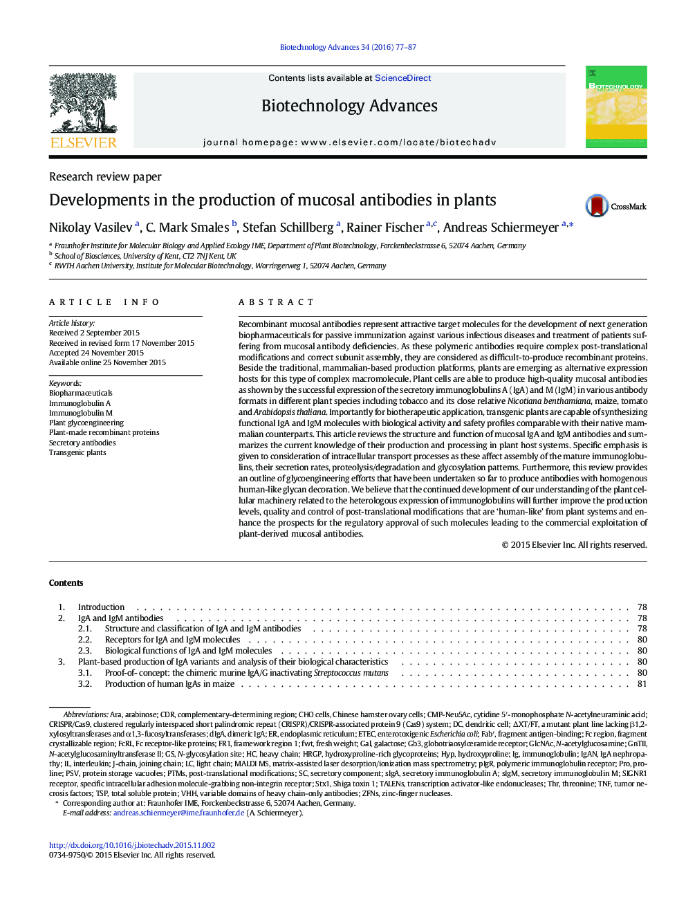 Developments in the production of mucosal antibodies in plants