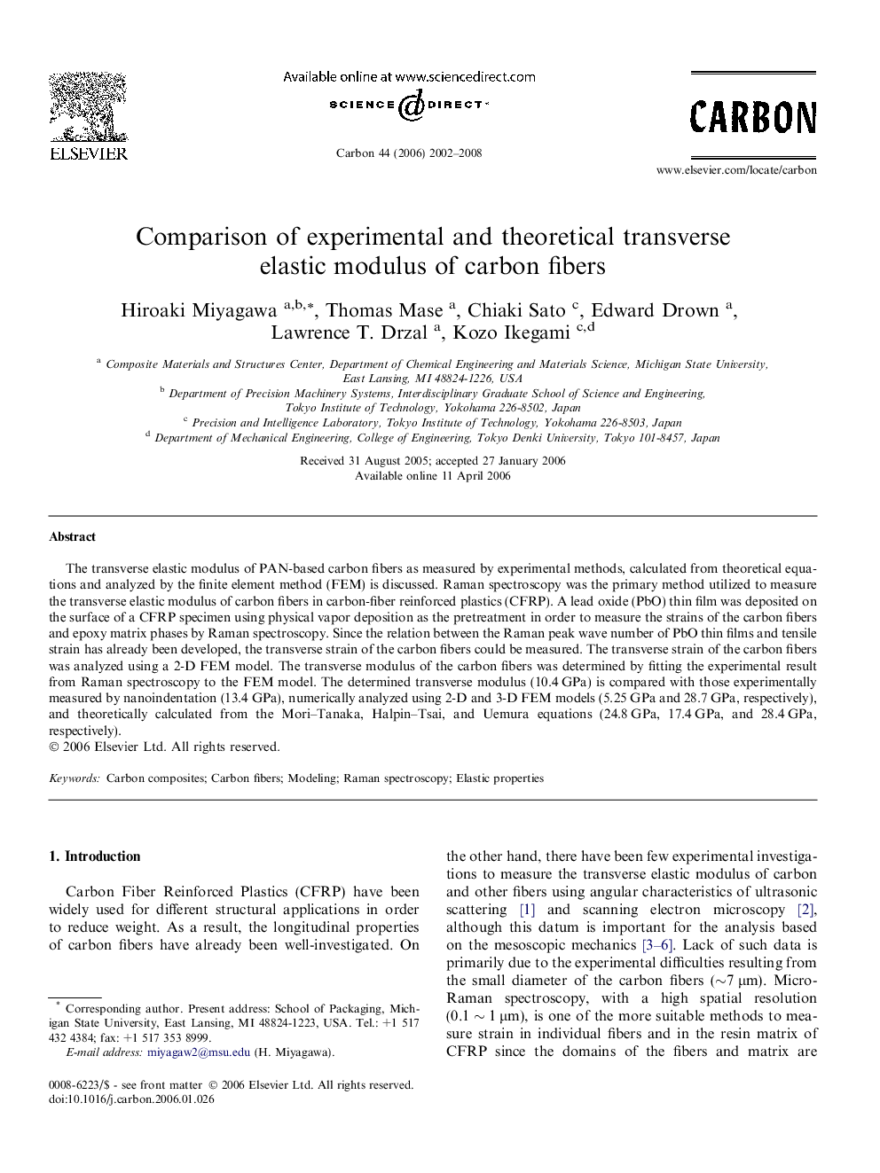 Comparison of experimental and theoretical transverse elastic modulus of carbon fibers