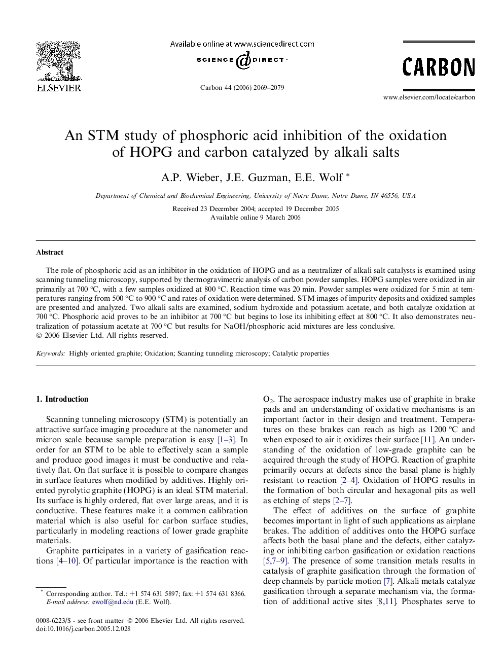 An STM study of phosphoric acid inhibition of the oxidation of HOPG and carbon catalyzed by alkali salts