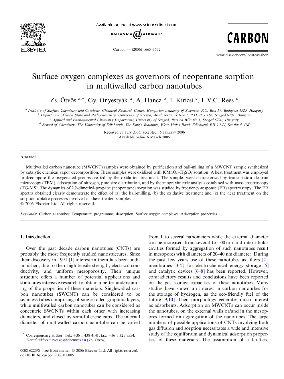 Surface oxygen complexes as governors of neopentane sorption in multiwalled carbon nanotubes