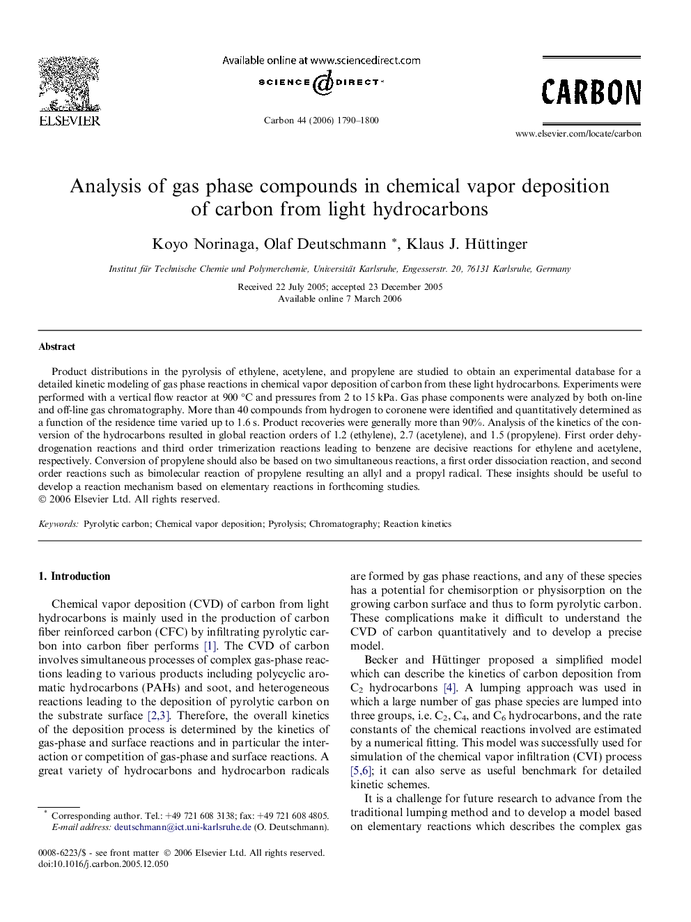 Analysis of gas phase compounds in chemical vapor deposition of carbon from light hydrocarbons