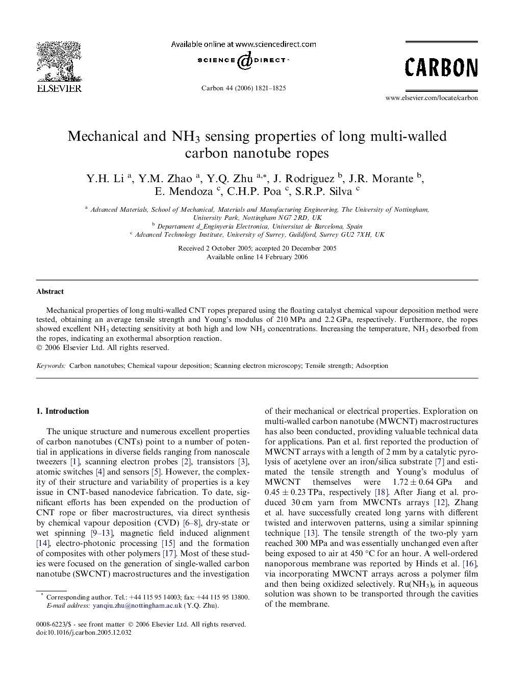 Mechanical and NH3 sensing properties of long multi-walled carbon nanotube ropes