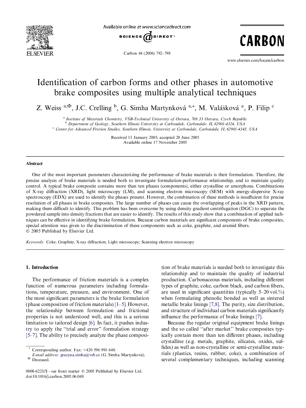 Identification of carbon forms and other phases in automotive brake composites using multiple analytical techniques