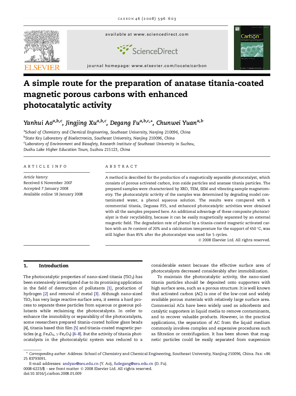 A simple route for the preparation of anatase titania-coated magnetic porous carbons with enhanced photocatalytic activity