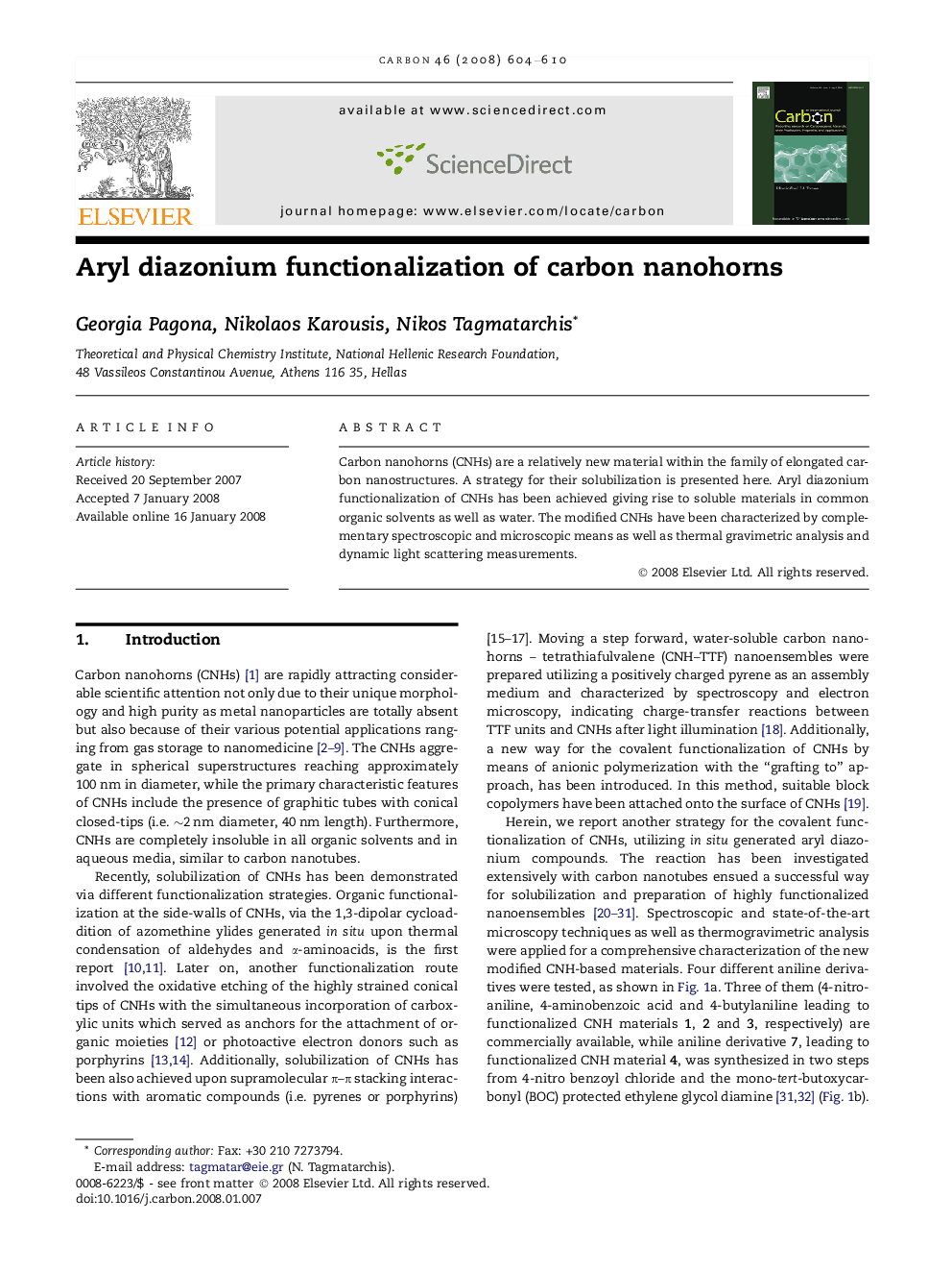 Aryl diazonium functionalization of carbon nanohorns