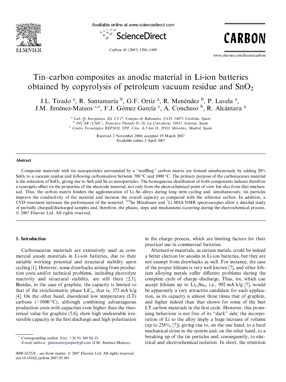 عکس صفحه اول مقاله: Tin–carbon composites as anodic material in Li-ion batteries obtained by copyrolysis of petroleum vacuum residue and SnO2 Tin–carbon composites as anodic material in Li-ion batteries obtained by copyrolysis of petroleum vacuum residue and SnO2