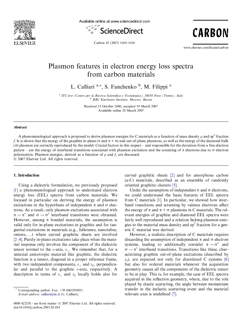 Plasmon features in electron energy loss spectra from carbon materials