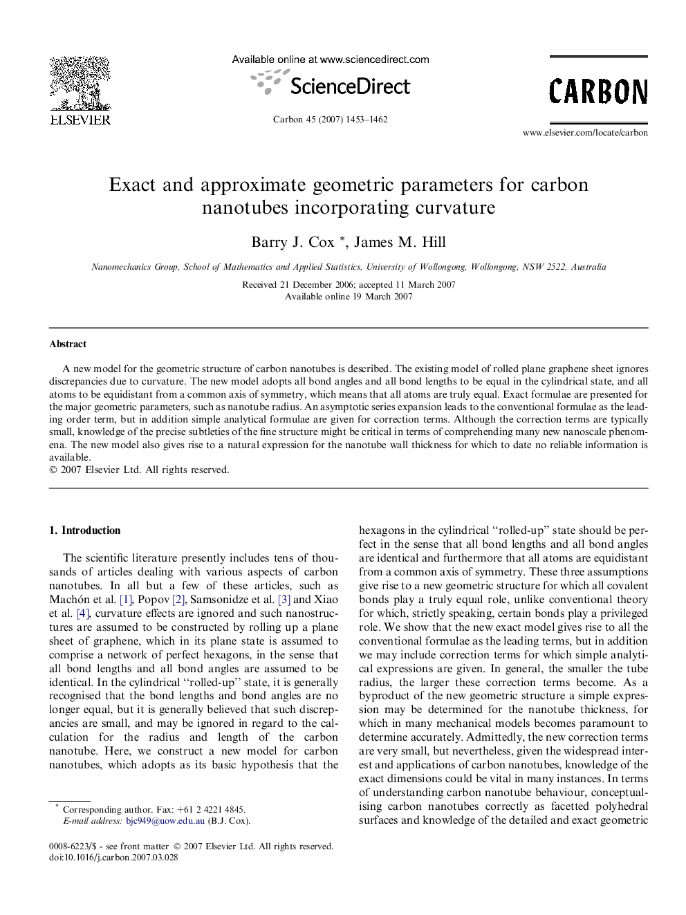 عکس صفحه اول مقاله: Exact and approximate geometric parameters for carbon nanotubes incorporating curvature Exact and approximate geometric parameters for carbon nanotubes incorporating curvature