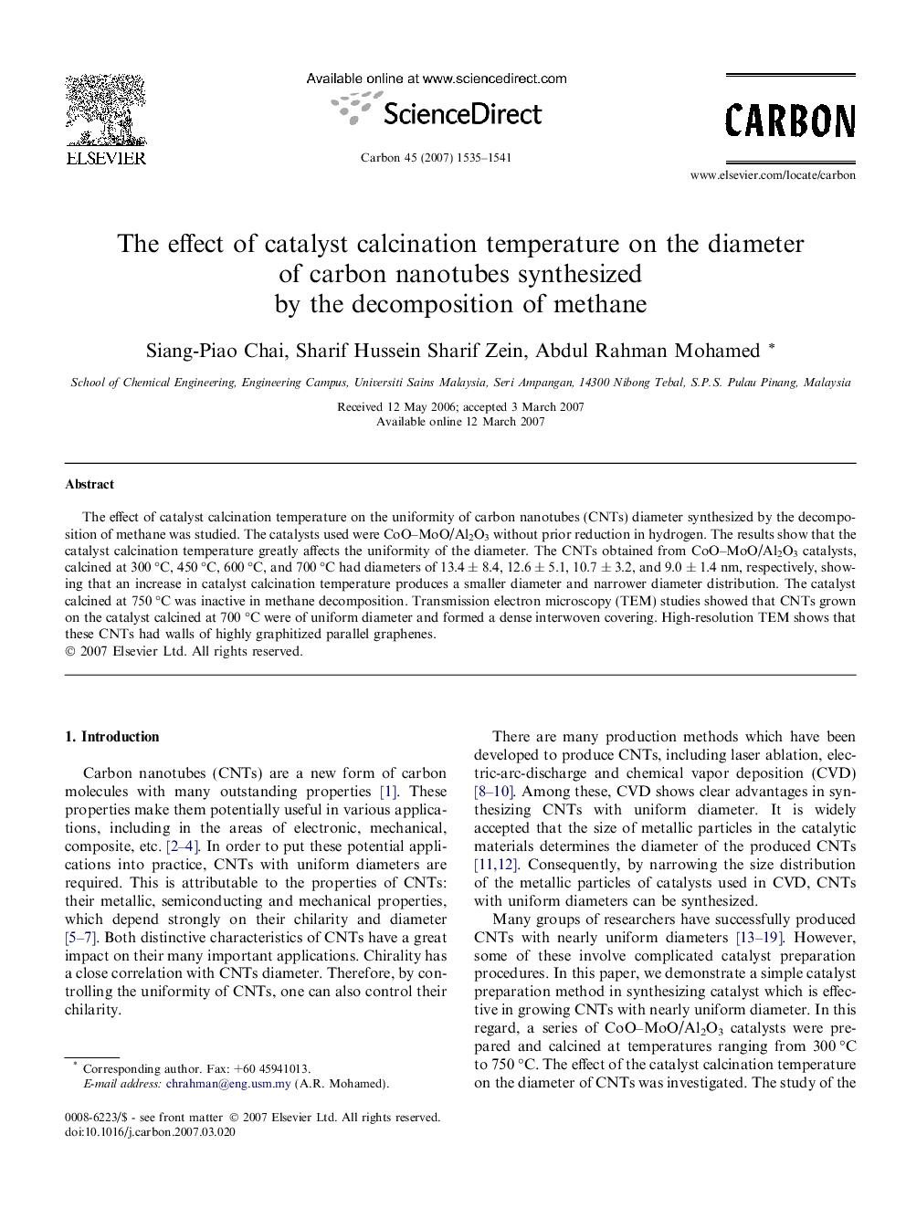 The effect of catalyst calcination temperature on the diameter of carbon nanotubes synthesized by the decomposition of methane
