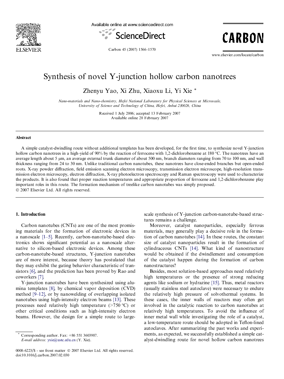 Synthesis of novel Y-junction hollow carbon nanotrees
