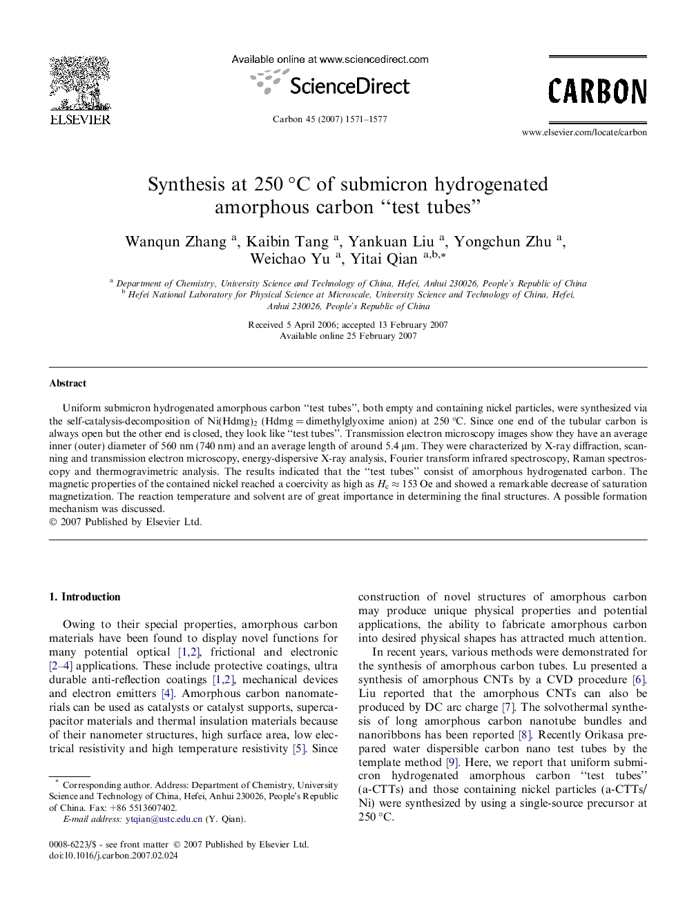 Synthesis at 250Â Â°C of submicron hydrogenated amorphous carbon “test tubes”