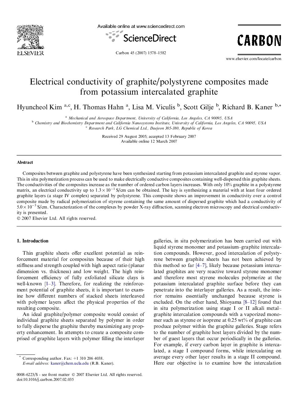 Electrical conductivity of graphite/polystyrene composites made from potassium intercalated graphite