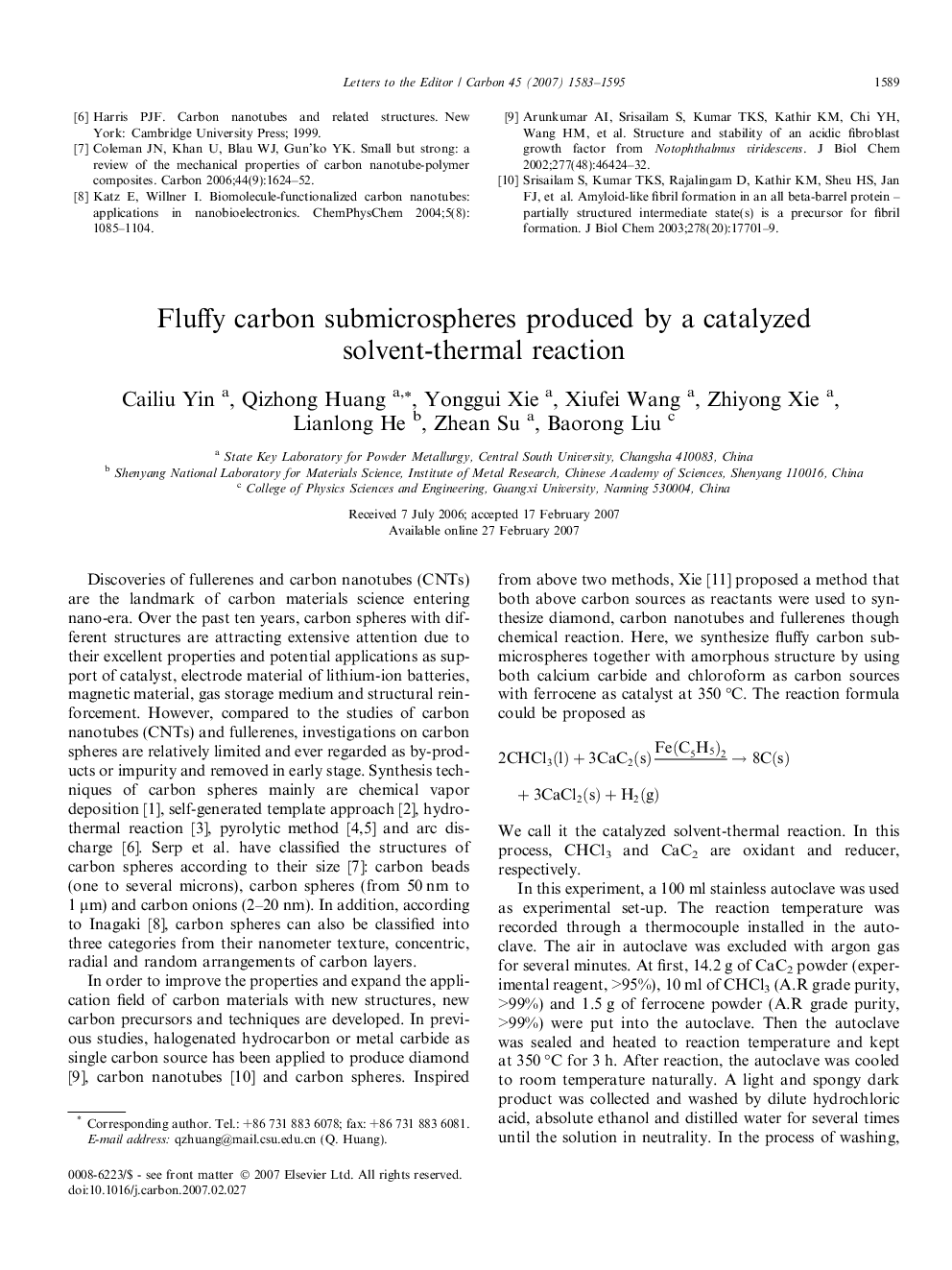 Fluffy carbon submicrospheres produced by a catalyzed solvent-thermal reaction