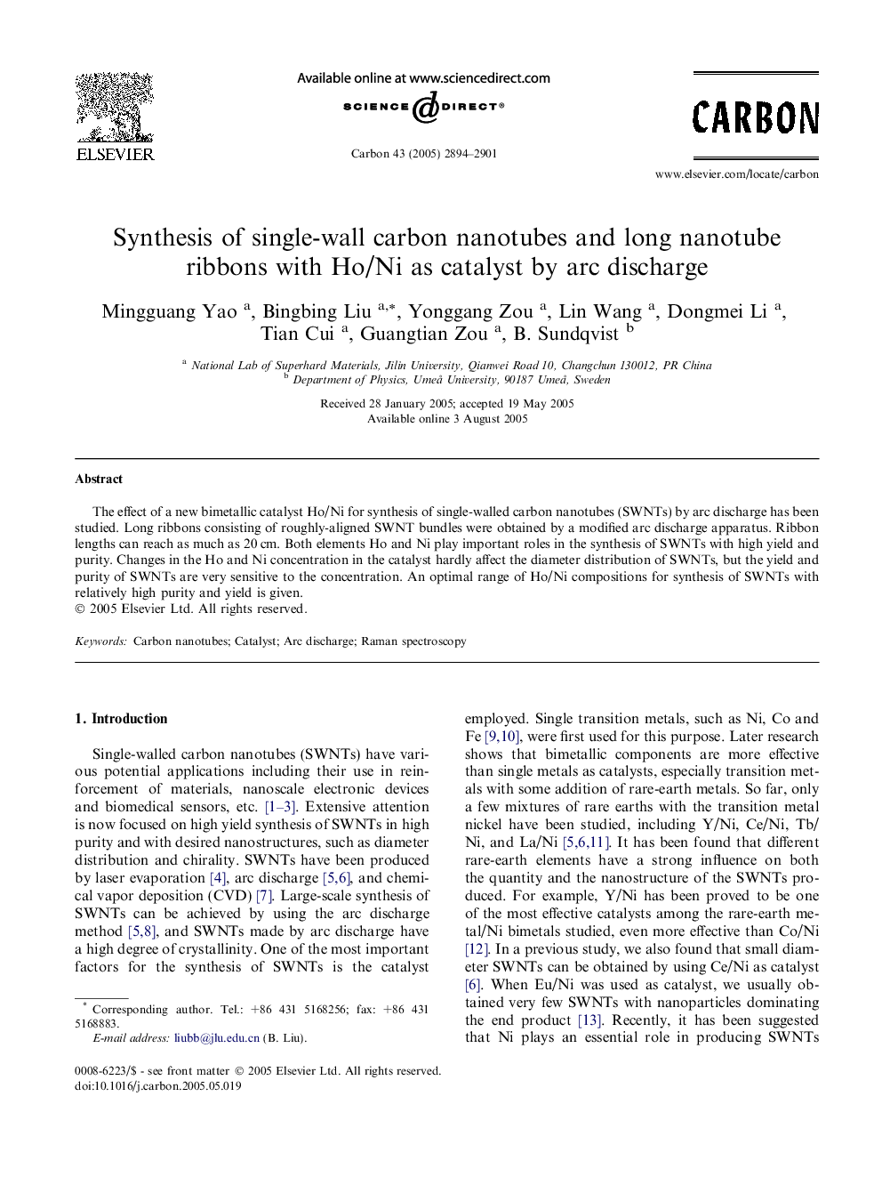 Synthesis of single-wall carbon nanotubes and long nanotube ribbons with Ho/Ni as catalyst by arc discharge