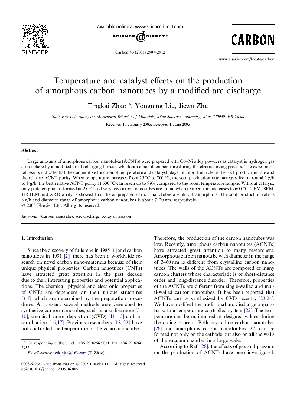 Temperature and catalyst effects on the production of amorphous carbon nanotubes by a modified arc discharge