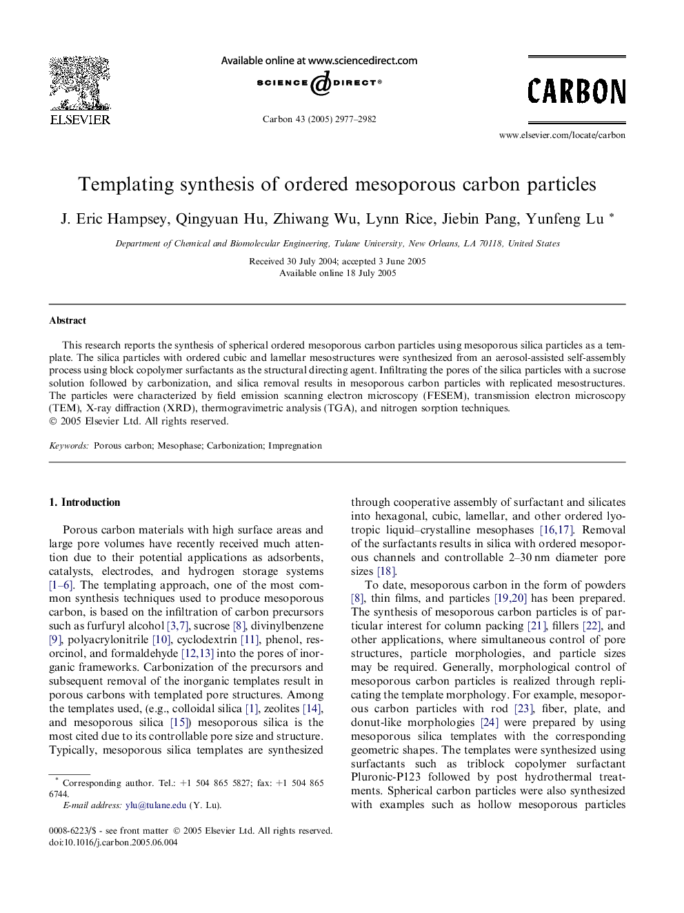 Templating synthesis of ordered mesoporous carbon particles