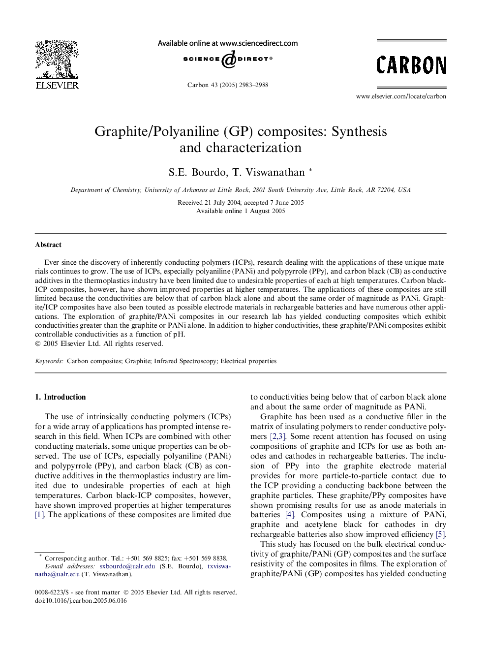 Graphite/Polyaniline (GP) composites: Synthesis and characterization