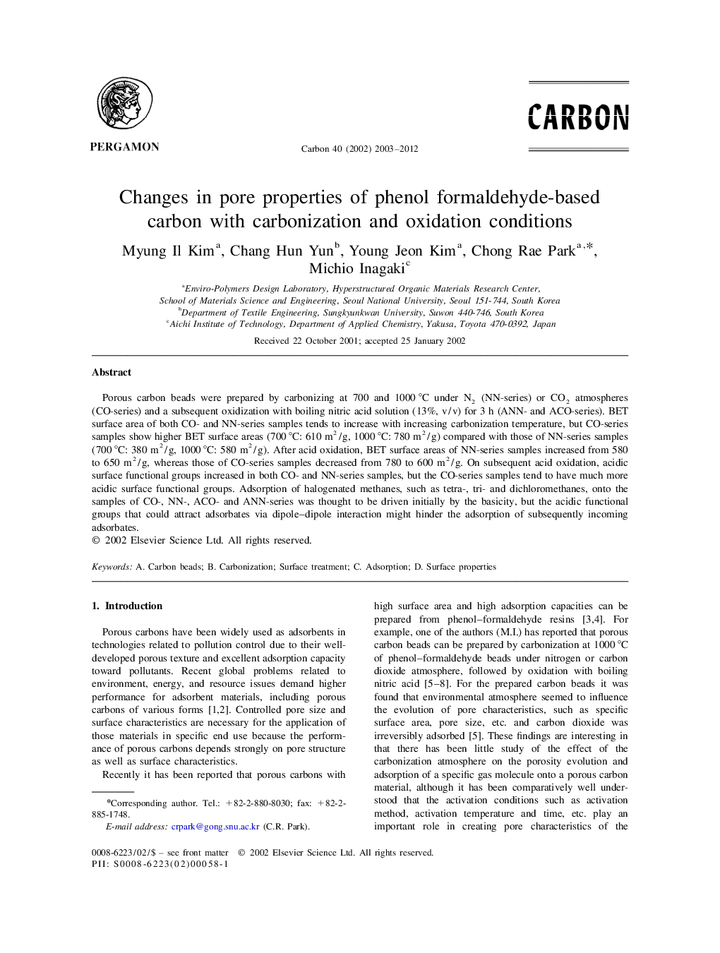 Changes in pore properties of phenol formaldehyde-based carbon with carbonization and oxidation conditions