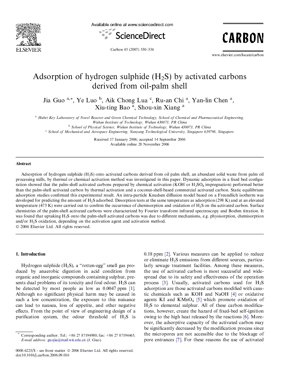 Adsorption of hydrogen sulphide (H2S) by activated carbons derived from oil-palm shell