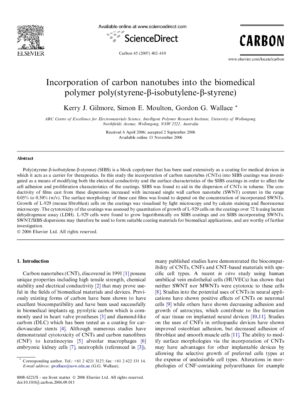 Incorporation of carbon nanotubes into the biomedical polymer poly(styrene-Î²-isobutylene-Î²-styrene)