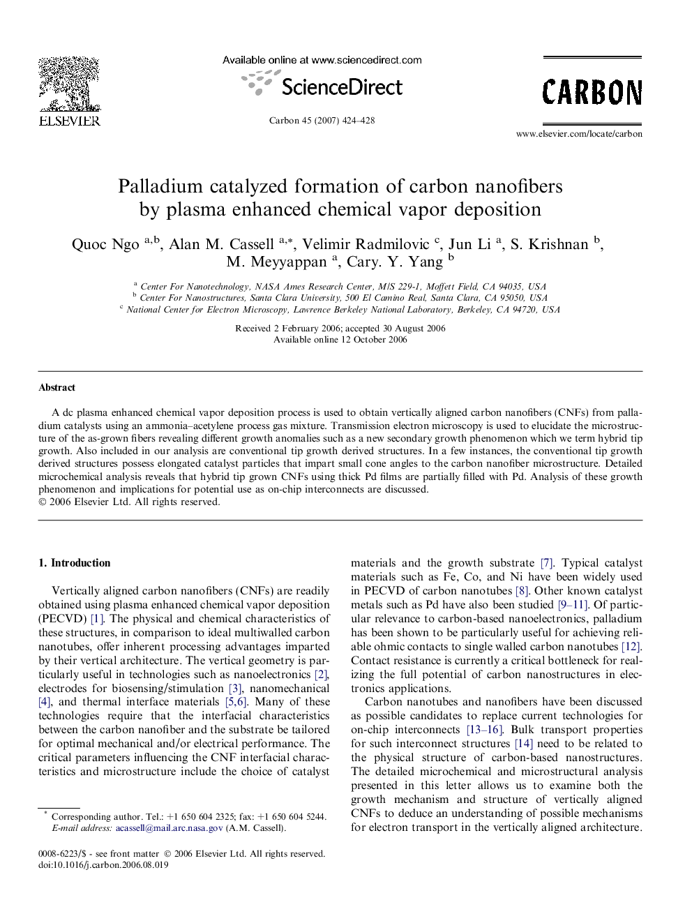 Palladium catalyzed formation of carbon nanofibers by plasma enhanced chemical vapor deposition