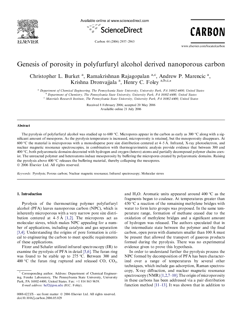عکس صفحه اول مقاله: Genesis of porosity in polyfurfuryl alcohol derived nanoporous carbon Genesis of porosity in polyfurfuryl alcohol derived nanoporous carbon