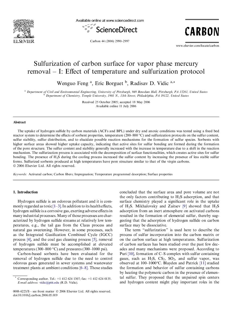 Sulfurization of carbon surface for vapor phase mercury removal – I: Effect of temperature and sulfurization protocol